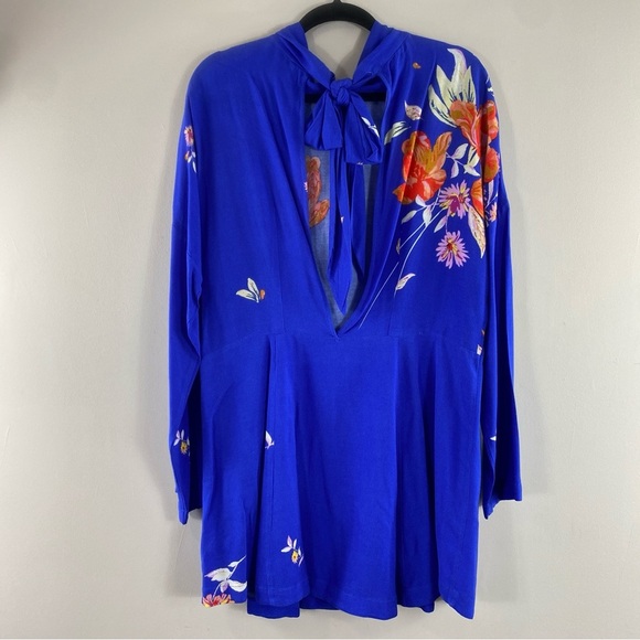 Free People Sz M Jemma Vibrant Blue Floral Open Back Tie Neck Mini Dress - Picture 9 of 14